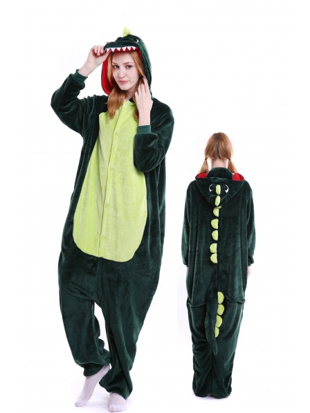 Grün Dinosaurierier Kigurumi Onesie Pyjamas Weich Flannel Unisex Tier Kostüme Für Damen & Herren