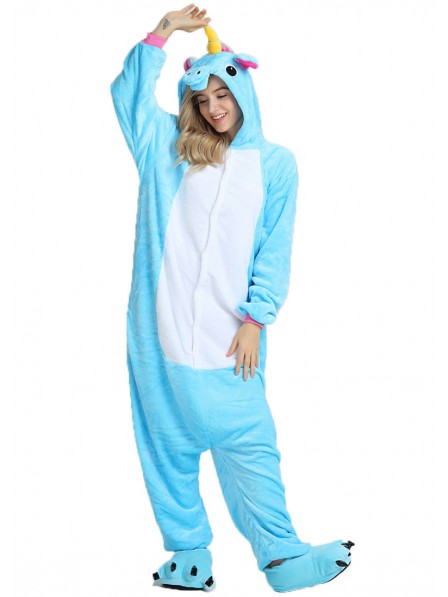 Blaues Einhorn Kigurumi Onesie Pyjamas Weich Flannel Unisex Tier Kostüme Für Damen & Herren